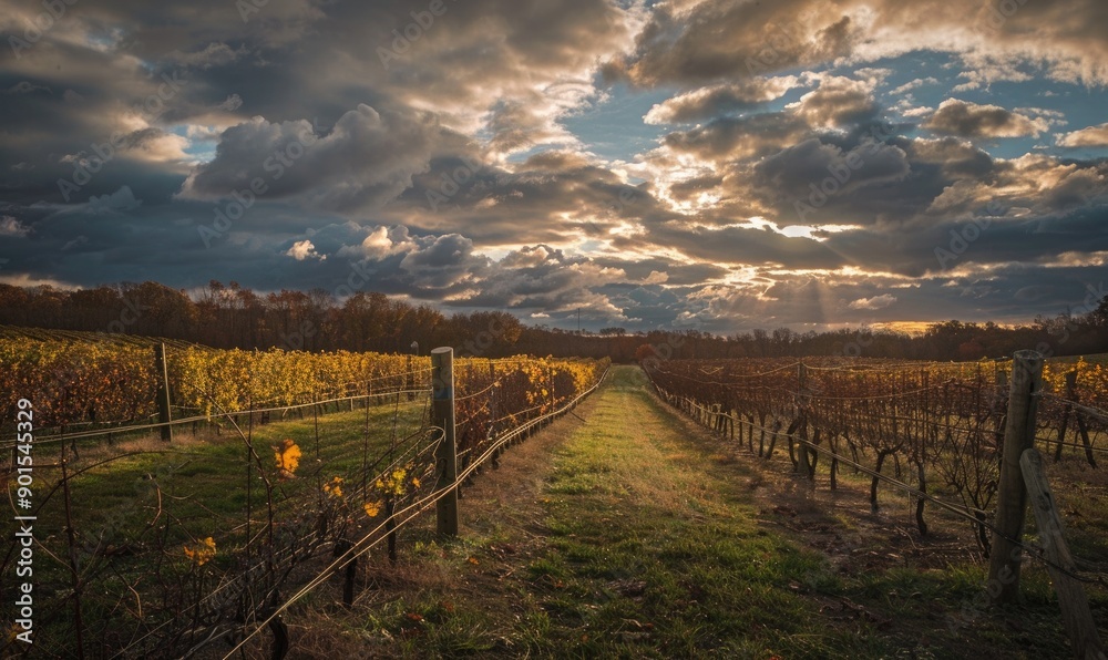 Vineyard at sunset with dramatic clouds and warm light Vineyard at sunset with dramatic clouds and warm light