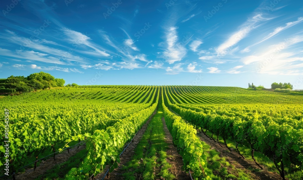 Vineyard landscape with rows of grapevines under a clear blue sky