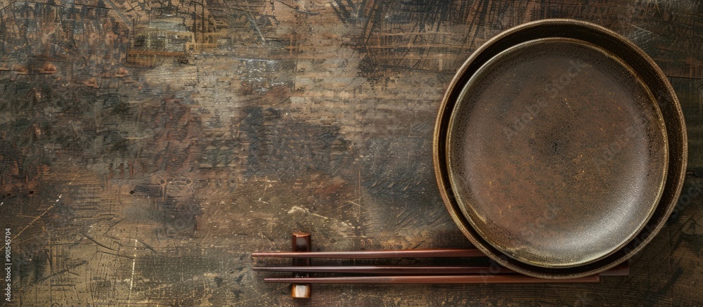 Japanese dining set featuring a plate and chopsticks with copy space image. Japanese dining set featuring a plate and chopsticks with copy space image.