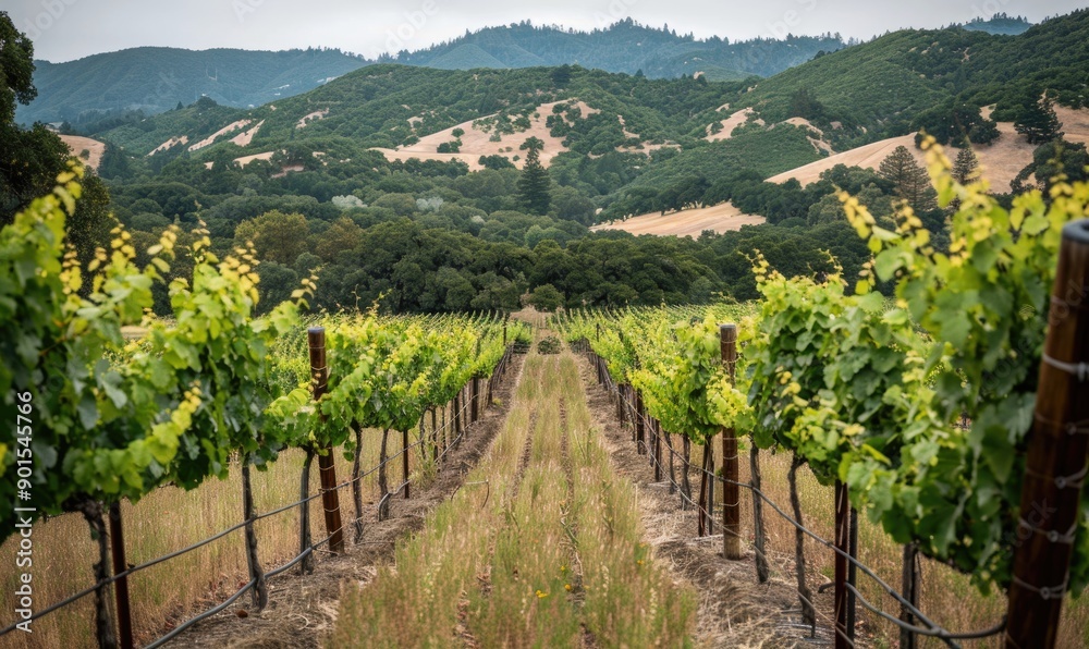 Fototapeta premium Vineyard with grapevines and rolling hills in the background