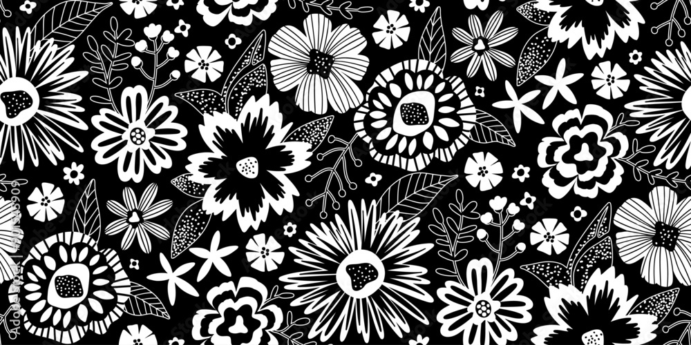 Half drop Floral Seamless Pattern of Fantasy Flowers in Black and White. Wallpaper Design for Textiles, Papers, Prints, Fashion, Beauty Products, Wrappings.