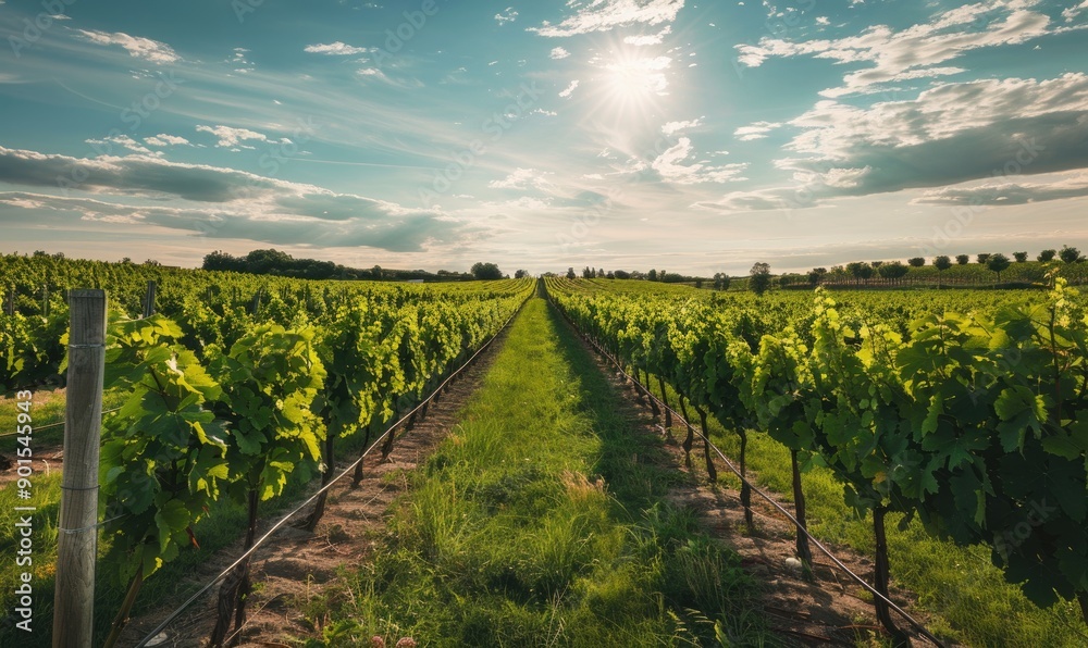 Naklejka premium Vineyard with lush green grapevines and a mountain backdrop