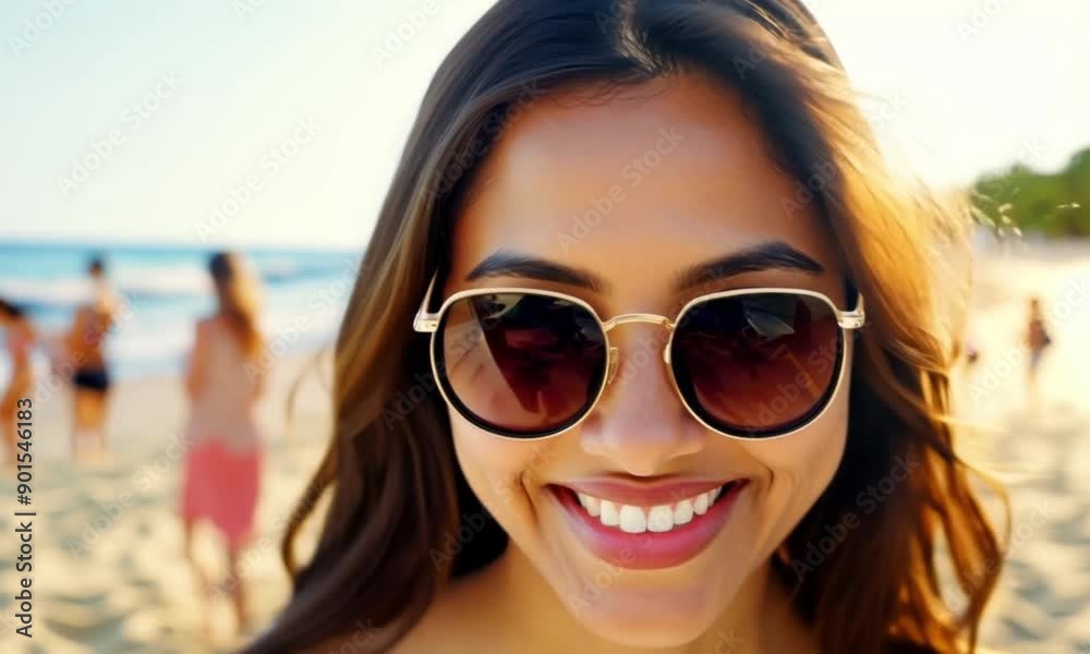 Happy Woman Wearing Sunglasses and Straw Hat on Beach Vacation