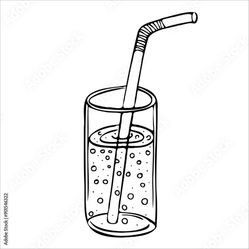 Hand drawn summer cocktail with tube and umbrella. Black color line art flat style vector illustration. Isolated on white background..