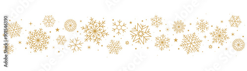 Christmas border. Gold snowflakes and stars banner, divider