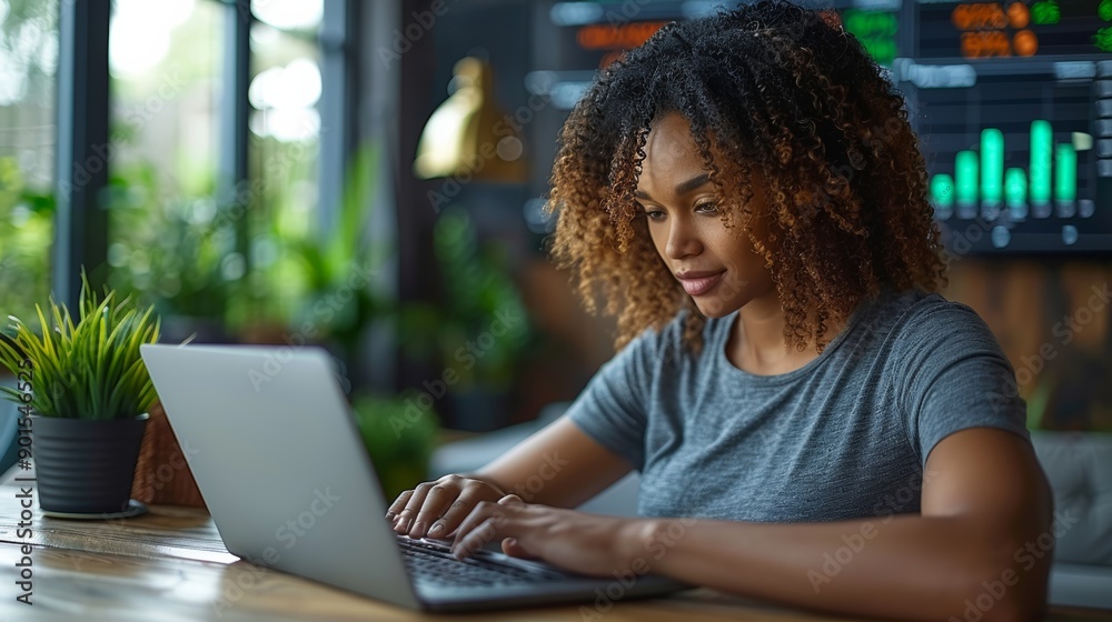 Young Woman in Casual Attire Working on Laptop in Cozy Indoor Workspace Surrounded by Plants. Generative AI Young Woman in Casual Attire Working on Laptop in Cozy Indoor Workspace Surrounded by Plants. Generative AI
