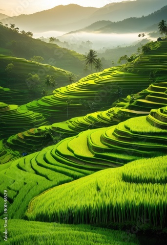 lush green rice terraces misty morning fog over rolling hills early light, sunrise, agriculture, field, farm, landscape, nature, scenic, rural, countryside