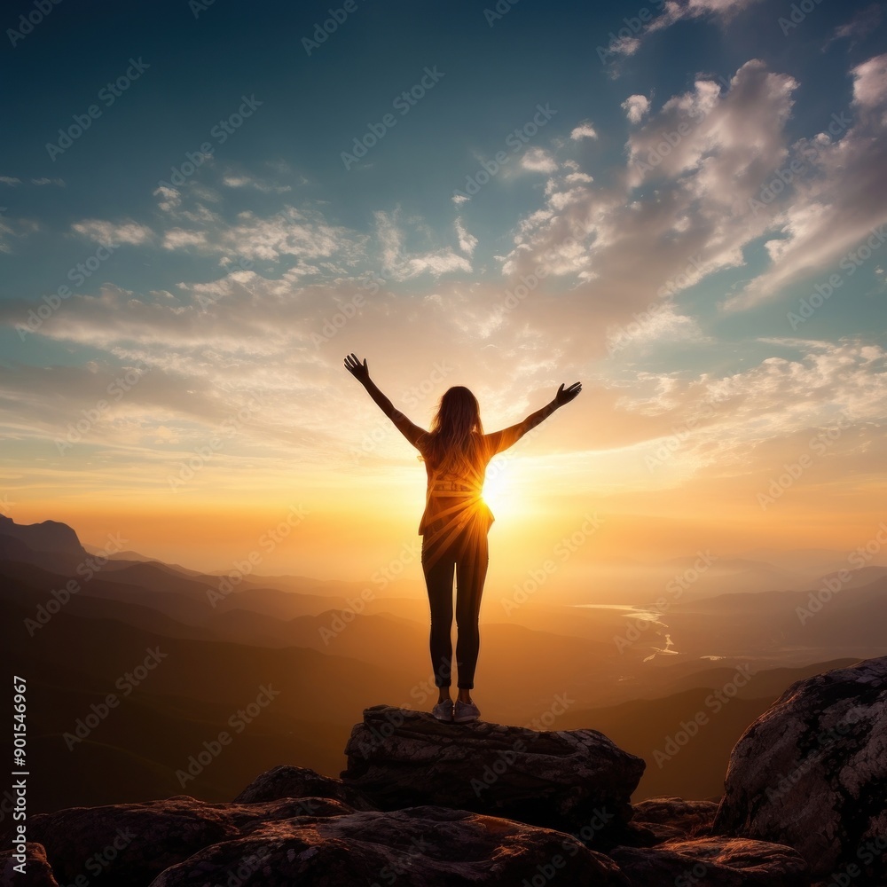 Carefree woman standing on the edge of mountain cliff. Carefree woman standing on the edge of mountain cliff.