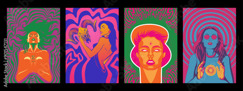 Sexy Women, Love Psychedelic Acid Color Backgrounds. 1960s Hippie Colorful Posters Style Psychedelic Art Illustrations