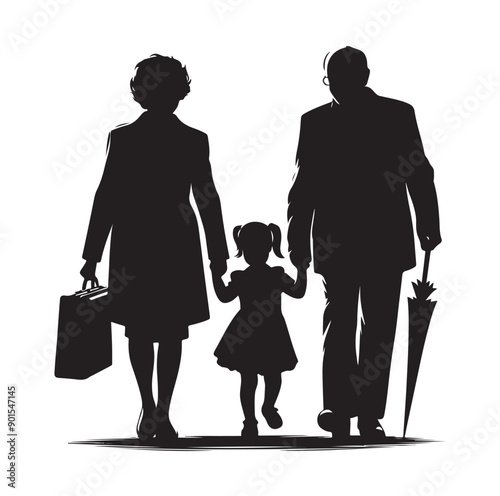 grandparents walking with granddaughter Silhouette  vector Illustration icon