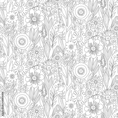Half Drop Floral Seamless Pattern of Flowers and Leaves in Line Art style, Black Outline on White. May used for Coloring Pages, Wallpaper Design for Textiles, Papers, Prints, Wrappings, Fabrics.