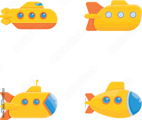 Cartoon bathyscaphe icons set cartoon vector. Yellow childish bathyscaphe. Underwater vessel, toy