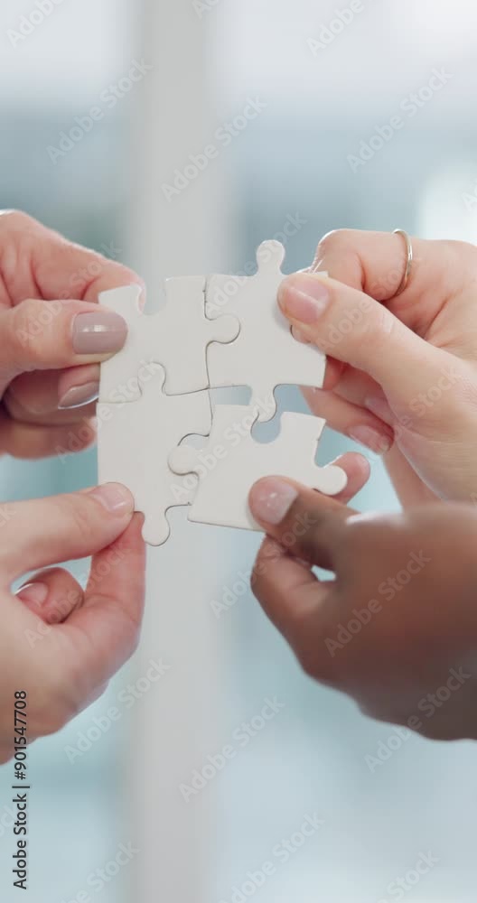 Business people, hands and teamwork with puzzle for problem solving, synergy and integration in office. Employee engagement, group and jigsaw piece for partnership, solution and company interaction