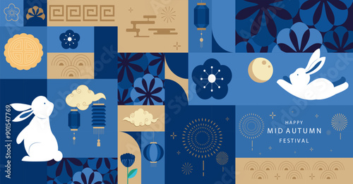 mid-autumn geometric festival background with rabbit,mooncake,moon .vector for a4 horizontal design