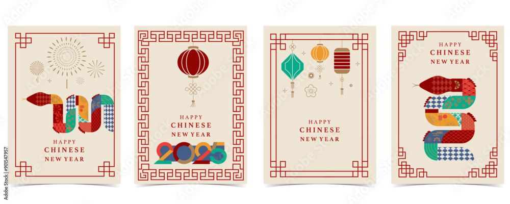 Happy Chinese New Year on red background with snake,lantern.Editable vector illustration for vertical A4 design Happy Chinese New Year on red background with snake,lantern.Editable vector illustration for vertical A4 design