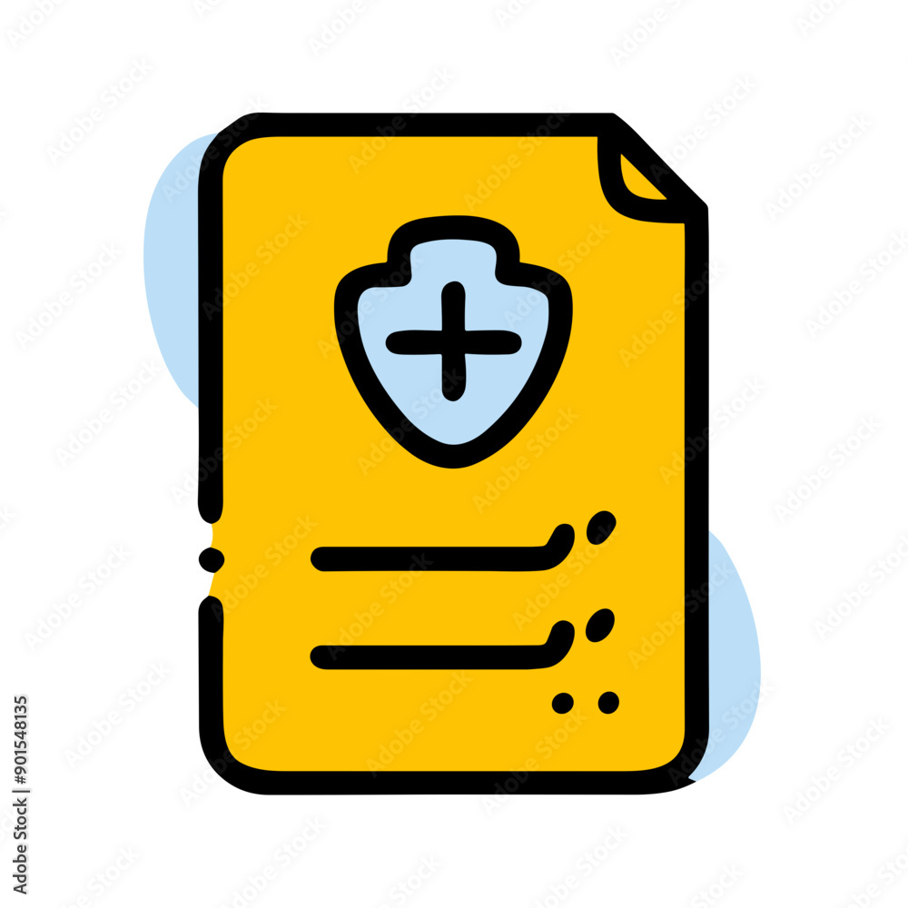 Obraz premium Yellow Medical Report Icon with Shield in Cartoon Style
