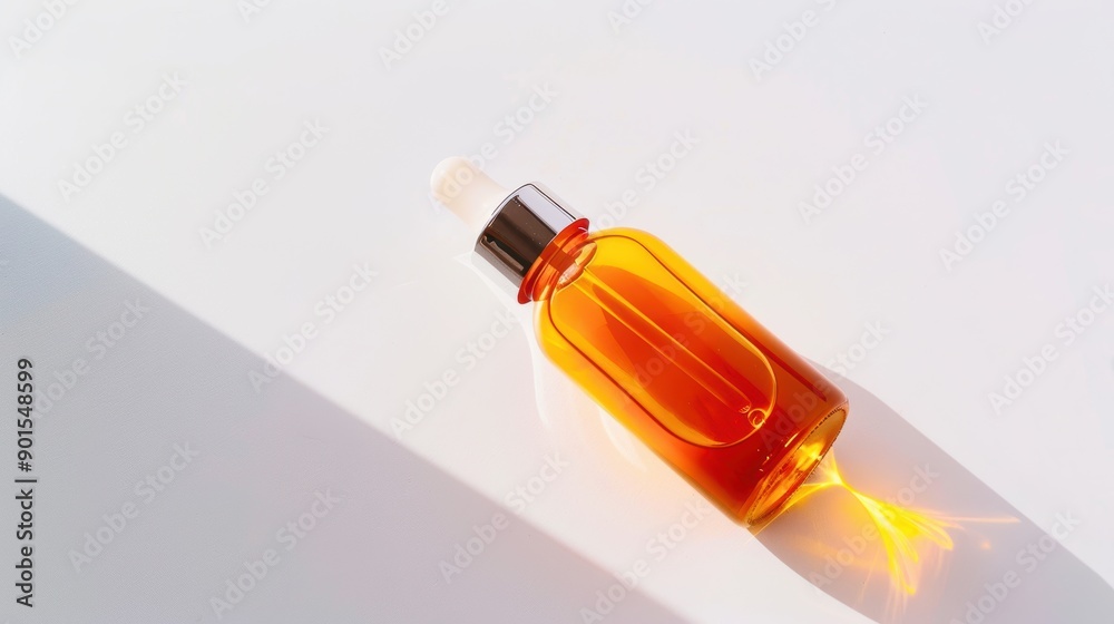 Essential oil bottle with warm orange and yellow hues on a white background, casting a long shadow in sunlight. Ideal for advertising natural beauty products in a spa setting