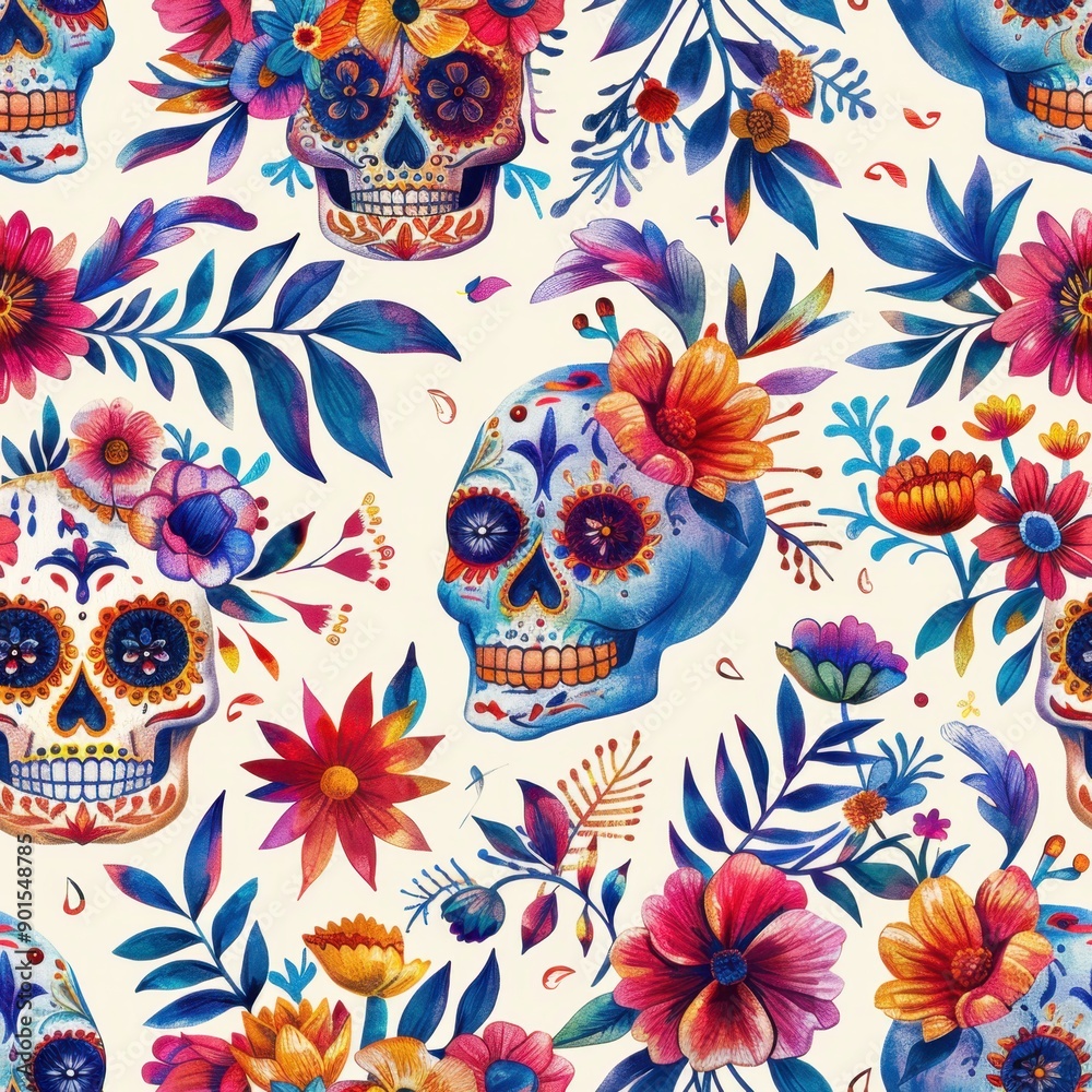 Pattern of Festive Skulls with Vibrant Floral Arrangements for Dia de los Muertos