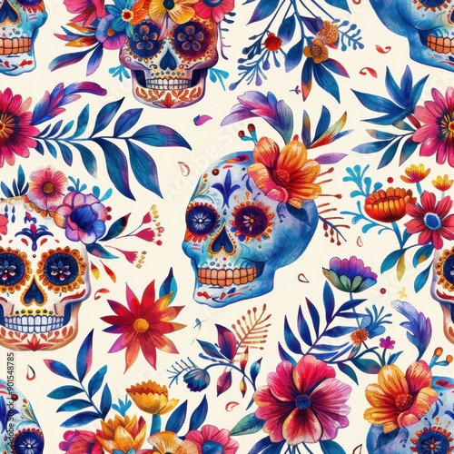 Obraz na płótnie Pattern of Festive Skulls with Vibrant Floral Arrangements for Dia de los Muertos
w salonie