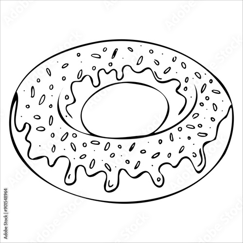 Sweet donut with icing. Inflatable lifebuoy in the shape of a donut doodle. Funny children's beach accessory for a capybara. Simple minimalistic vector in black drawing on a transparent background.