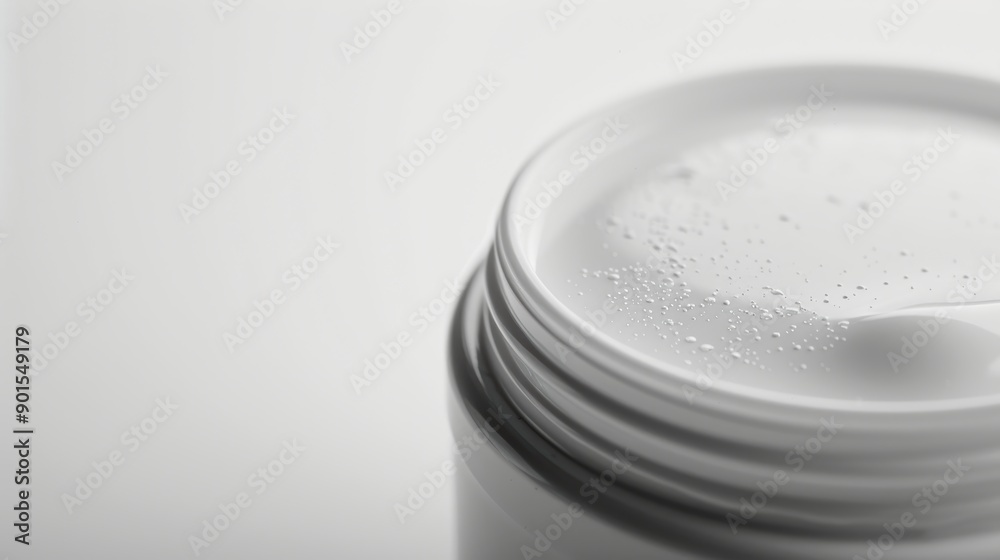 Luxurious white cream jar with water droplets on white background promises smooth, soft skin. Elegant, minimalist design for spa treatment or skincare routine Luxurious white cream jar with water droplets on white background promises smooth, soft skin. Elegant, minimalist design for spa treatment or skincare routine
