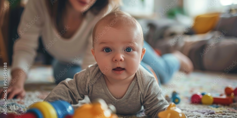 Baby playing with toy on blanket for child growth, fun, and entertainment. Sweet, playful infant relaxing on a bed in his nursery or bedroom at home. Baby playing with toy on blanket for child growth, fun, and entertainment. Sweet, playful infant relaxing on a bed in his nursery or bedroom at home.