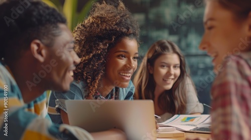 Teamwork, business, or happy individuals on laptops in conference for company vision, creative planning, or communication. Smile or joyful startup with study, idea strategy, and team building papers