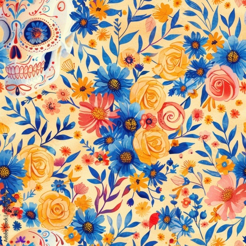 Pattern of Festive Skulls with Vibrant Floral Arrangements for Dia de los Muertos

