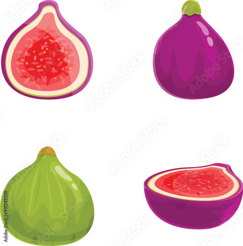 Juicy fig icons set cartoon vector. Delicious summer tropical fruit. Healthy food