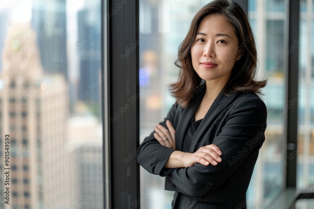 Thinking, crossed arms, confident businesswoman thinking in office. A young, successful Asian female lawyer plans with pride in the modern workplace. Thinking, crossed arms, confident businesswoman thinking in office. A young, successful Asian female lawyer plans with pride in the modern workplace.