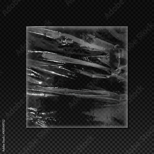 Plastic or vinyl wrap texture with wrinkles, vector realistic stretched polyethylene cling film, PVC square pack overlay