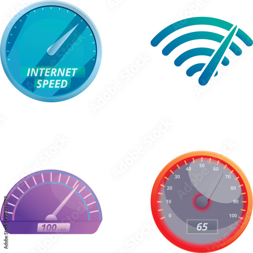 Speed meter icons set cartoon vector. Different type of speedometer. Speed dial indicator