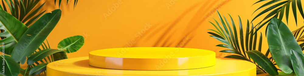 Yellow podium product background 3d summer display platform nature minimal. Product stand yellow background podium 3d tropical stage scene palm beauty mockup cosmetic abstract table autumn food banner