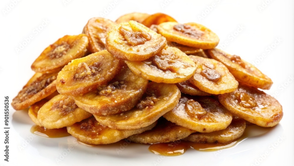 Golden crispy banana chips sprinkled with caramel brown sugar against a pristine white background, evoking a sense of sweet indulgence. Golden crispy banana chips sprinkled with caramel brown sugar against a pristine white background, evoking a sense of sweet indulgence.