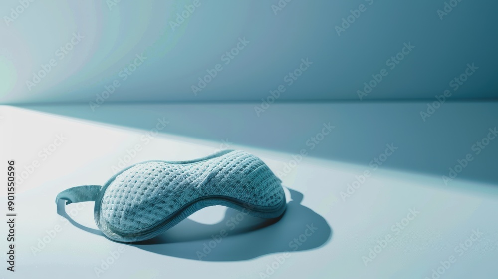 Blue sleep mask rests on a white surface, creating a shadow in a beam of light Blue sleep mask rests on a white surface, creating a shadow in a beam of light