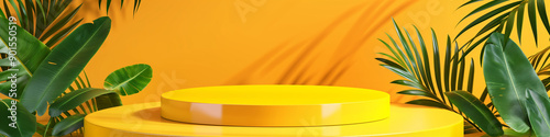 Obraz na płótnie Yellow podium product background 3d summer display platform nature minimal. Product stand yellow background podium 3d tropical stage scene palm beauty mockup cosmetic abstract table autumn food banner w salonie