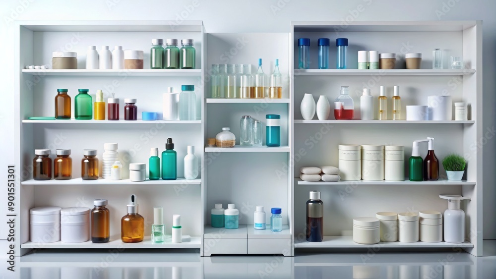 A clean and organized pharmacy shelf with various medications and medical supplies on a white background, subtly lit. A clean and organized pharmacy shelf with various medications and medical supplies on a white background, subtly lit.