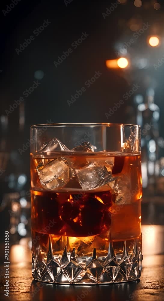 Smoked old fashioned rum cocktail with cubes of ice around on a dark background on a bar in a club or pub Cocktail drinks served in glass with smoke 4k animation Smoked old fashioned rum cocktail with cubes of ice around on a dark background on a bar in a club or pub Cocktail drinks served in glass with smoke 4k animation