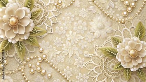 Elegant lace-patterned wedding invitation template poster with ivory flowers, pearls, and golden accents on a soft, creamy background.
