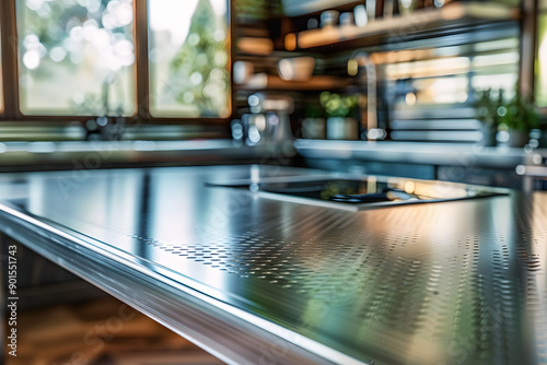 Wallpaper Mural Steel table top with blurred empty kitchen background can be used for mocking up or display product to make advertising Torontodigital.ca