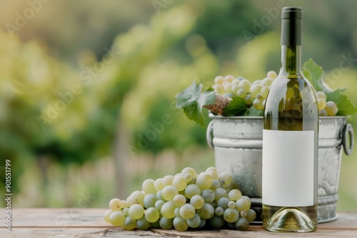 White Wine Bottle With Grapes on Table