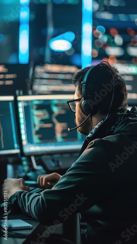 Focused IT professional working late at night in a data center.