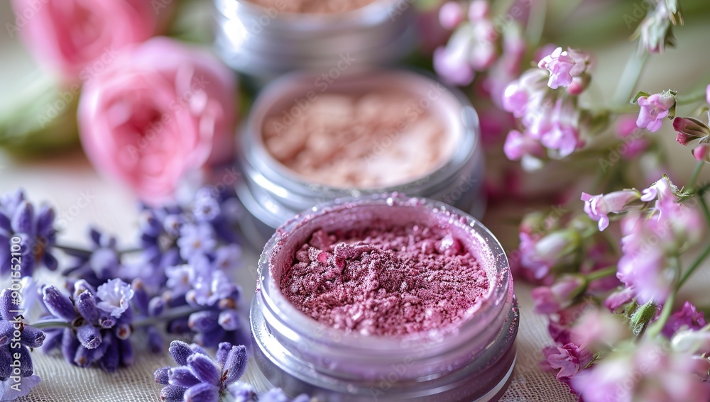 Colorful Facial Powder in Purple and Pink Hues in Small Tins Surrounded by Flowers, Emphasizing Natural Beauty Products with Various Shades in Round Translucent Plastic Jars Colorful Facial Powder in Purple and Pink Hues in Small Tins Surrounded by Flowers, Emphasizing Natural Beauty Products with Various Shades in Round Translucent Plastic Jars