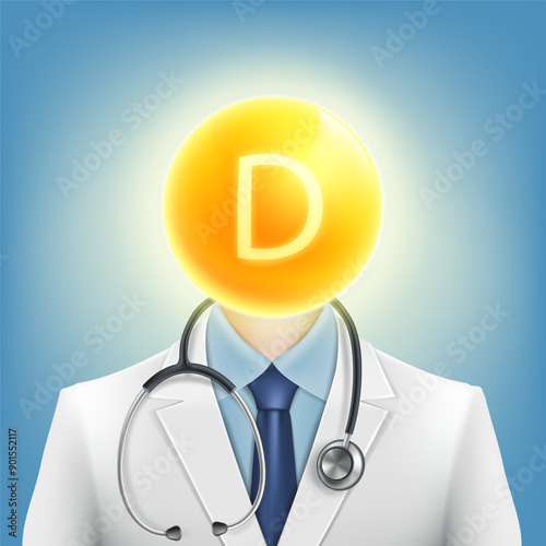 Doctor in a white medical coat with vitamin D pill. Stock vector illustration