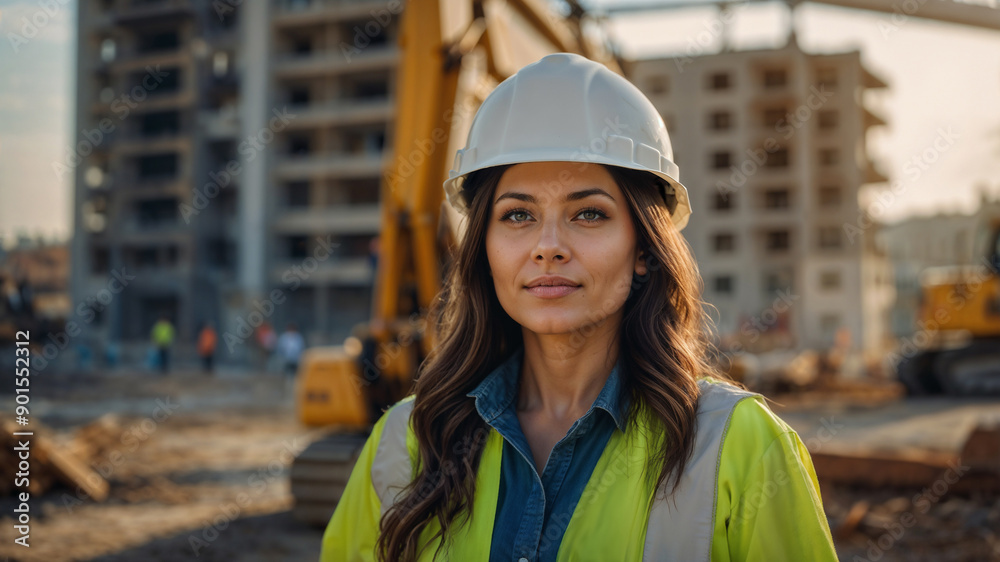 Architetto donna con caschetto protettivo in visita ad un cantiere edile. Architetto donna con caschetto protettivo in visita ad un cantiere edile.