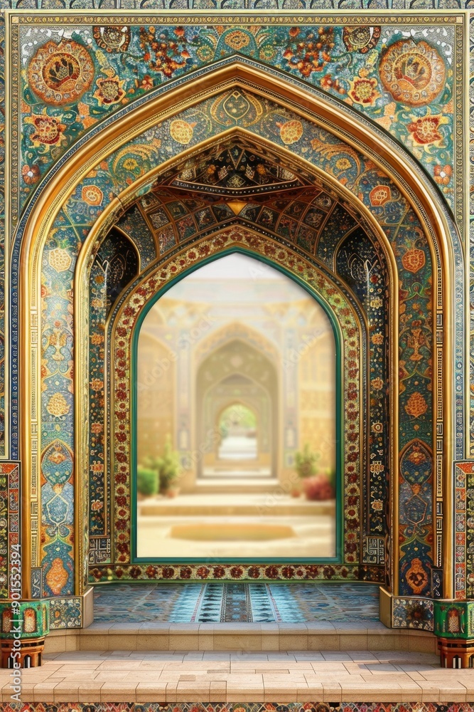 Ancient Persian Palace Frame with intricate mosaics, golden arches, and lush gardens. Ancient Persian Palace Frame with intricate mosaics, golden arches, and lush gardens.