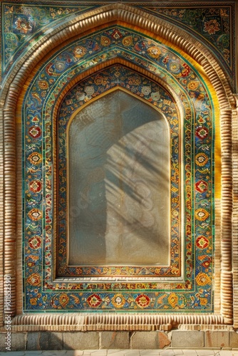 Ancient Persian Palace Frame with intricate mosaics, golden arches, and lush gardens. 