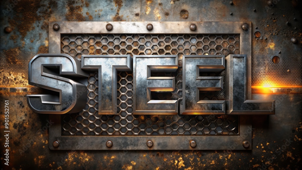 Metallic silver 3D text STEEL emerges from dark industrial background with rusted bolts and worn metal grating, exuding strength and power. Metallic silver 3D text STEEL emerges from dark industrial background with rusted bolts and worn metal grating, exuding strength and power.