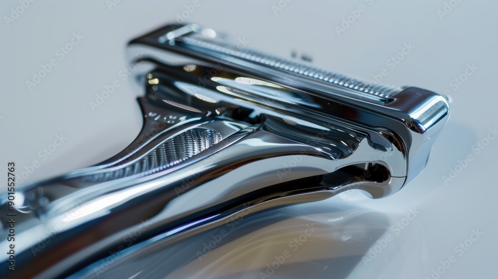 Sleek chrome razor with high-quality metal blade, ideal for grooming and hygiene. Modern, masculine design for a clean shave in the bathroom. Reflecting against a white backdrop Sleek chrome razor with high-quality metal blade, ideal for grooming and hygiene. Modern, masculine design for a clean shave in the bathroom. Reflecting against a white backdrop