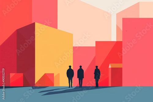 Three Silhouettes Contemplating in a Vibrant Neobrutalist Cityscape photo